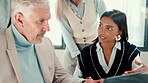 Financial investor, explain or business people in meeting for budget growth, funding or sales feedback. Team, research or analyst talking to director for finance review or online report on laptop