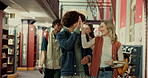 Group, man and woman with high five, library and celebration for studying in university and gesture. Happy, people and success for students in college, winner or teamwork for scholarship or education