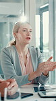 Business, woman and talk in meeting in office for financial planning, feedback or budget review. Person, team and discussion with finance proposal, investment report and information for profit growth