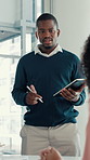 Business, man and tablet in meeting in office for financial planning, feedback and budget review. Person, team and discussion for finance proposal, investment report and information for profit growth