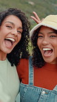 Selfie, friends and women with smile, outdoor and excited for summer break on vacation and together. Photography, happy and people with memory of holiday, embrace and bonding in nature on weekend