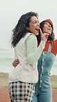 Selfie, travel and girl friends on road trip together for vacation, holiday or location with view. Happy, peace sign and women with photography picture for memory or social media by ocean for weekend