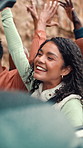 Singing, dancing and friends in car with road trip for travel adventure, celebration and freedom. Gen z, people and hands up in convertible for holiday journey, bonding together or listening to music
