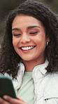 Outdoor, happy and woman with phone for networking, communication or contact on vacation. Travel, smile and female person with cellphone for social media, mobile app or texting on weekend trip.