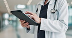Hands, doctor and medical research with tablet, hospital and browsing digital records for diagnosis. Healthcare, scroll and person with tech for treatment plan, online and checking appointment