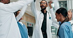 Doctors, hands together and applause with people in hospital for celebration, support and healthcare. Teamwork, medical and cheering with men and women in clinic for nurses, winner and solidarity