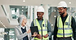 Contractor, team and tablet with people in building for structure engineer, construction and property. Architecture, site plan and real estate developer with employees for discussion and project