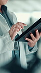 Medical research, scientist and hands with tablet, lab and online for cure of illness or healthcare. Clinic, oncologist and person with tech for analysis, diagnosis and digital records for cancer