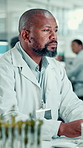 Technology, man and scientist in laboratory for research, discovery or project for medical innovation. Plants, healthcare and professional male biologist with leaves for pharmaceutical development.