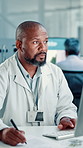 Man, scientist and writing with computer at lab for medical study, research or new discovery. Male person, biologist or taking notes with documents for science results or development at health clinic