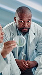 Cannabis, petri dish and scientists in laboratory for research, project or marijuana analysis. Medical innovation, discussion and team of biologists with CBD plants growth for science discovery.
