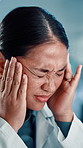 Asian woman, scientist or headache with stress for medical fail, strain or overworked at laboratory. Tired, female person or migraine with vertigo for bad research, mistake or burnout at clinic