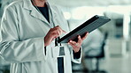 Laboratory, hands and scientist with tablet for results, investigate and scroll research for medical. Healthcare, person and doctor with tech for online study, information and test report in closeup