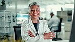 Face, woman and scientist with smile in lab for medical research, experiment and botany. Portrait, mature person and arms crossed for investigation, study plants and information of ecology innovation