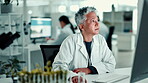 Woman, scientist and computer with plants in lab for medical research, experiment and botany. Mature person, online and report for investigation, study genetics and information for ecology innovation
