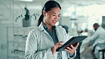 Laboratory, woman and scientist with tablet for reading, investigate and scroll report for medical. Healthcare, female person and doctor with tech for online study, information and research for test