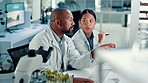 Computer, science and writing with people in laboratory together for medical development or research. Healthcare, innovation or training with biology scientist and student at work on clinical trial