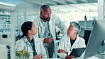 Group, people and scientist with tablet in lab for medical research, advice and botany report. Staff, teamwork and computer of agro investigation, study genetics and information of ecology innovation