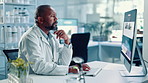 Black man, scientist and thinking with computer in lab for medical research, botany and solution. Person, online and pc for investigation report, genes change and information of plants transformation