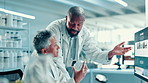 Computer screen, sample and science with people in laboratory together for medical development. Biology, healthcare and research with mature scientist team at work on clinical trial for innovation