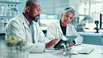 Science, tablet and writing with people in laboratory together for medical development or research. App, healthcare and innovation with mature scientist team at work on clinical trial for discovery