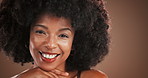 Face, haircare and woman with afro, beauty and confident for growth of hair, studio and dermatology. Brown background, black person and shine of hairstyle with cosmetics, texture and glow of skin
