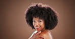 Beauty, hair care and face of black woman in studio for wellness, cosmetics and spa treatment. Hairdresser, aesthetic and portrait of person with smile for growth, healthy and natural hairstyle