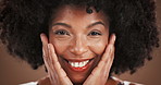 Face, happy and black woman for skincare in studio for natural glow, cosmetics and facial treatment. Portrait, female person and beauty for dermatology results, afro and self care on brown background