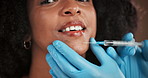 Chin filler, face and needle with black woman in studio for antiaging treatment or plastic surgery. Beauty, hands of doctor and syringe with person in clinic for cosmetic procedure or injection
