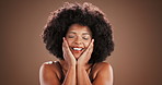 Smile, black woman and skincare for beauty in studio of natural glow, cosmetics and facial treatment. Happy, person and eyes closed for dermatology shine, afro and self care pride on brown background