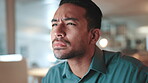 Reading, doubt and business man at night online for information, research and website. Thinking, ideas and male person with tech working on project, problem solving and brainstorming in dark office