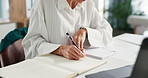 Hands, laptop and doctor writing notes for research, healthcare list and planning schedule. Computer, woman and medical professional with pen in office for prescription, insurance info and report