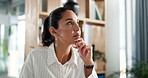 Thinking, doctor and woman in office, solution and writing with results, problem solving and choice. Mature person, medical and professional in workplace, healthcare and contemplation with wonder