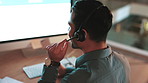 Headset, man and back of customer service agent in office at night for help desk, support or translation. Mic, lead generation and call center consultation with online multilingual query in workplace