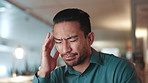 Night, businessman and exhausted with headache, fatigue or overworked with consultant deadline. Person, employee and migraine with tired, stress or burnout with eye strain for journalist or editor