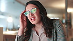 Business, woman and pain from headache in office for stress, finance mistake and work pressure. Accountant, pc and migraine for accounting error, burnout and brain fog for deadline of budget project