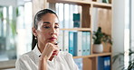 Laptop, thinking and businesswoman writing notes for problem solving or secretary planning schedule. Computer, book and worker with pen for idea, inspiration and receptionist with insight in office