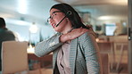 Body, hurt and woman in call center with back pain, stress or muscle injury with bad posture in night. Uncomfortable, overtime or agent for anatomy with spine inflammation, burnout and scoliosis 