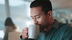 Night, office or business man drinking coffee for deadline energy, proofreading or article research. Media agency, journalist and caffeine for overtime, blog review or publication inspiration at desk