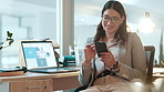 Happy, office and business woman with phone on break for social media, internet and mobile app. Professional, corporate and person relax on smartphone for typing message, online chat and contact