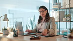 Business, woman and document with computer in office for typing email, feedback and finance report. Female person, online and paperwork for financial proposal investment information and review budget