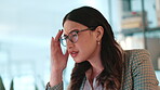 Business woman, pain and headache in office for article pressure, brain fog and fatigue. Media agency, journalist or tension migraine for news publication deadline, overwhelmed or proofreading stress