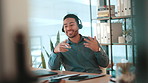 Headset, man and receptionist with laptop in office for online appointment setting. Mic, technology and male virtual assistant with computer for customer service, help desk or support in workplace.