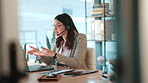 Call center, agent and woman with headset, talking and communication with contact and telemarketing. Business, representative or person with laptop for consultation, chat or lead generation with tech