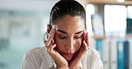 Frustrated woman, administrator and stress with headache for fatigue, pressure or deadline at office. Female person, employee or overworked with migraine, anxiety or mistake for difficult tasks