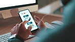 Night, businessman and phone screen in hands for food order, online menu or smile in office. Series, working late or hungry employee with tech for ecommerce, meal delivery service or tick for payment