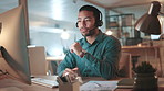 Headset, man and call center agent in office at night for help desk, support or translation. Mic, lead generation and male customer service consultation with online multilingual query in workplace.