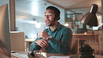 Headset, man and customer service agent in office at night for help desk, support or translation. Mic, lead generation and male call center consultation with online multilingual query in workplace.