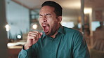 Businessman, yawn and tired on computer with night, fatigue and time management or mental health risk. Journalist person, bored and sleeping for overtime, deadline and reading with technology