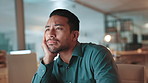 Businessman, tired and planning on computer with night, fatigue and time management or mental health risk. Journalist person, bored and sleeping or sad for online deadline or reading on desktop